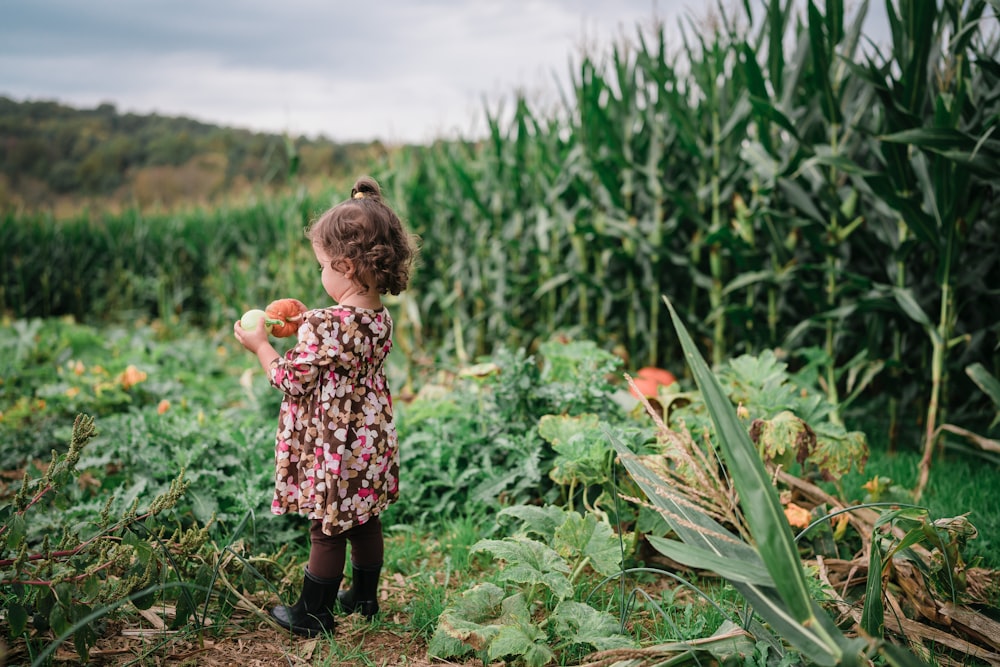 a little girl standing in the middle of a corn field