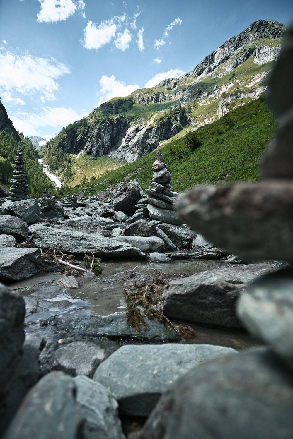 a rocky stream running through a lush green valley