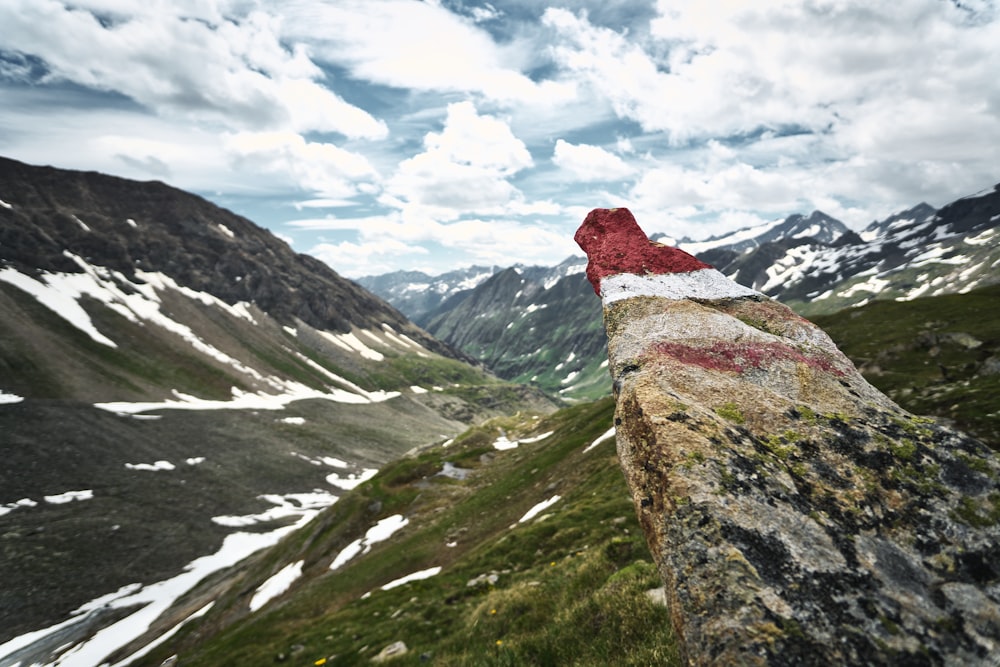 a red bow on a rock in the mountains
