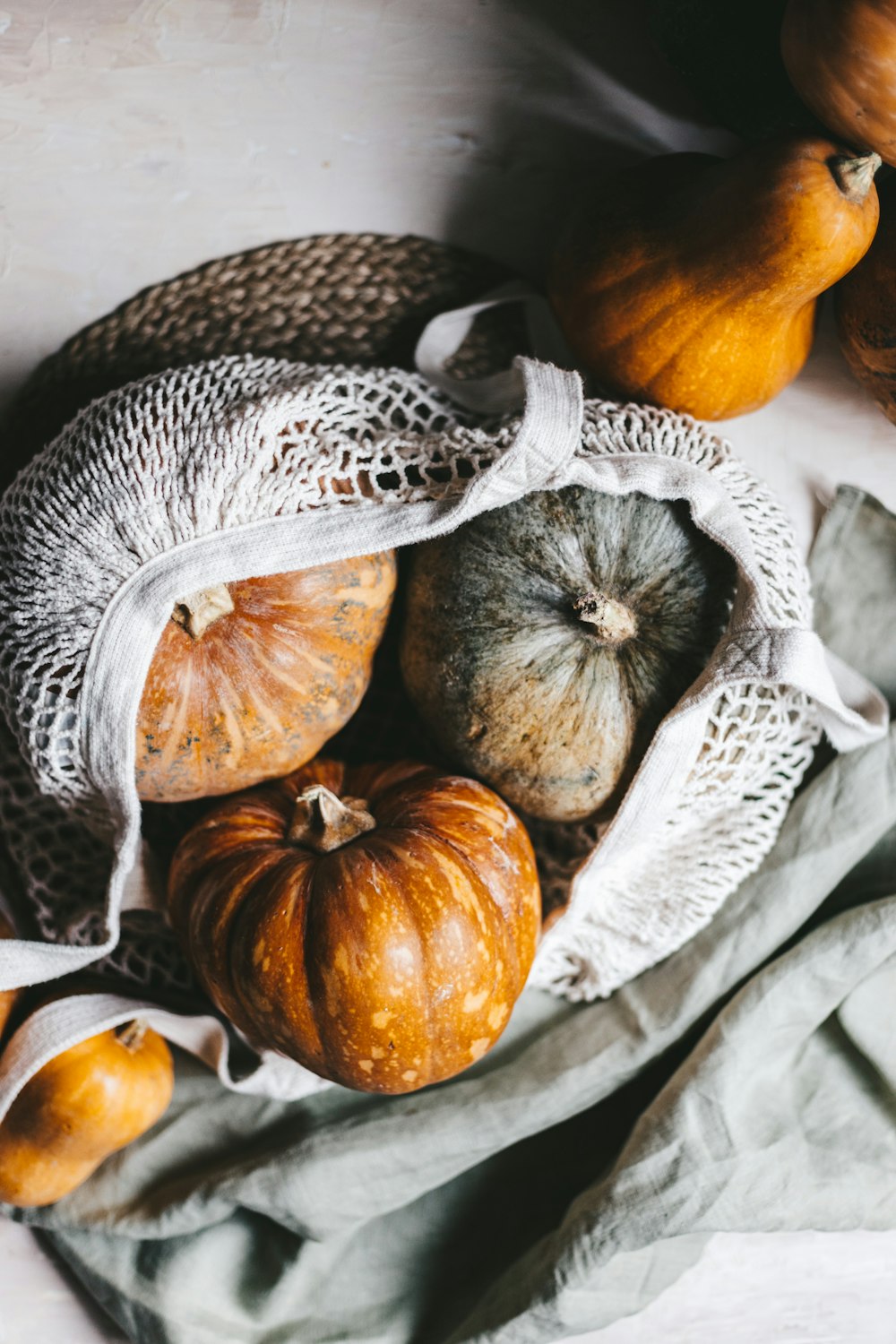 a bag full of pumpkins sitting on top of a table