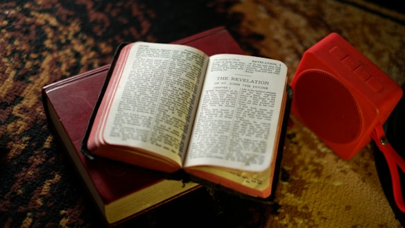 An open book with visible text is placed on top of another closed book with a red cover. To the right, there is a red portable speaker. The background features a patterned carpet in shades of brown and black.