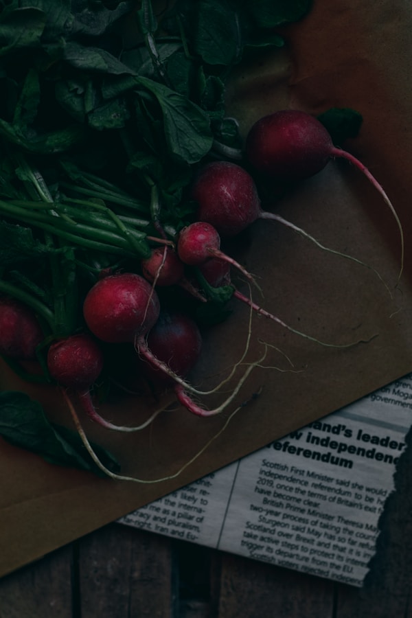 A bunch of radishes sitting on top of a brown paper bag