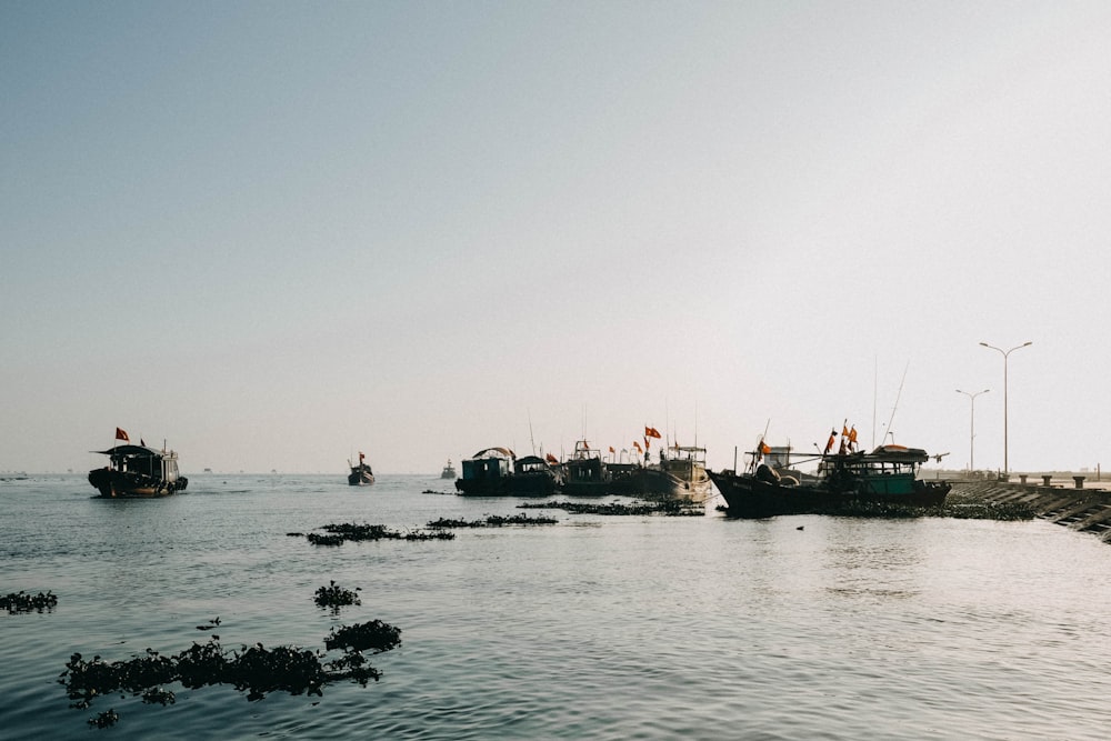 a group of boats floating on top of a body of water