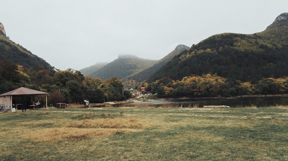 a grassy field with a lake and mountains in the background