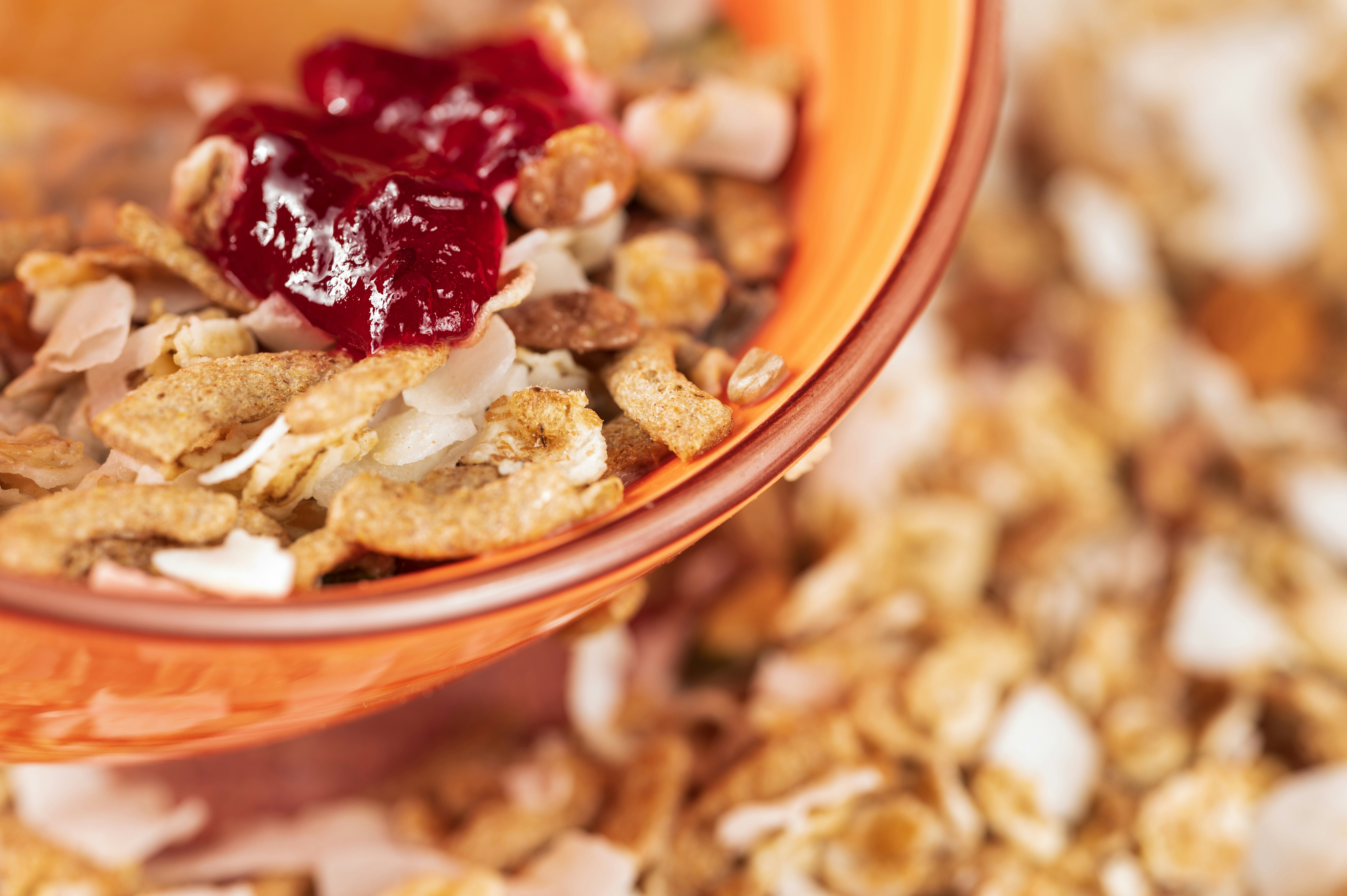 Close-up of cereal with berry jam