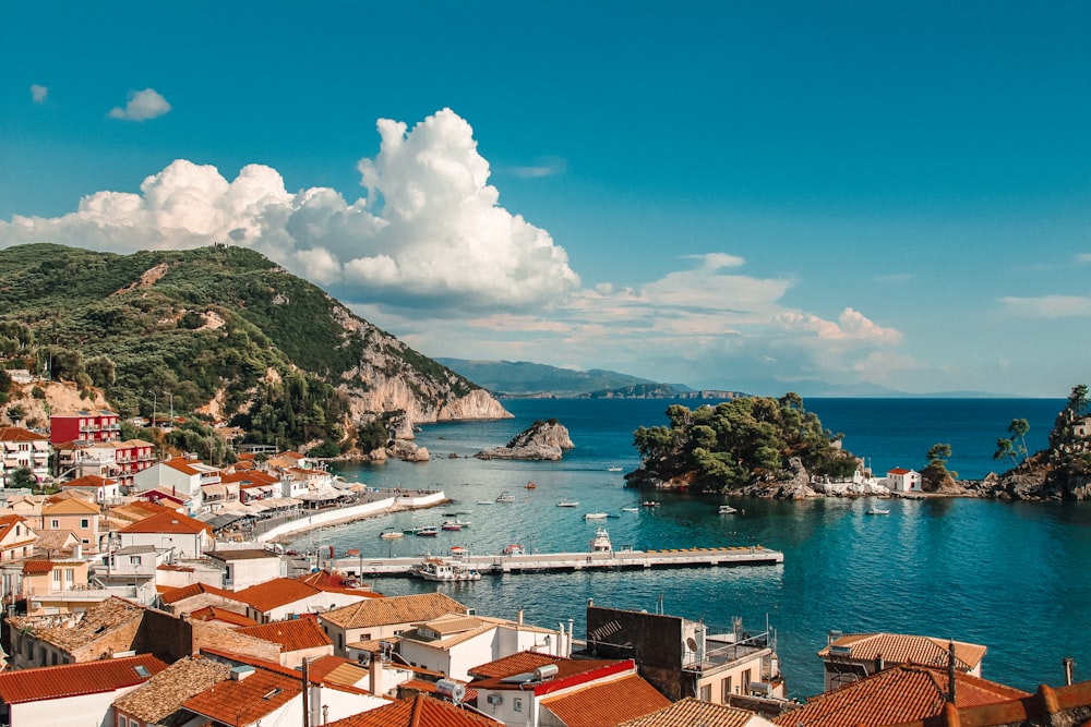 a view of a small town on the water