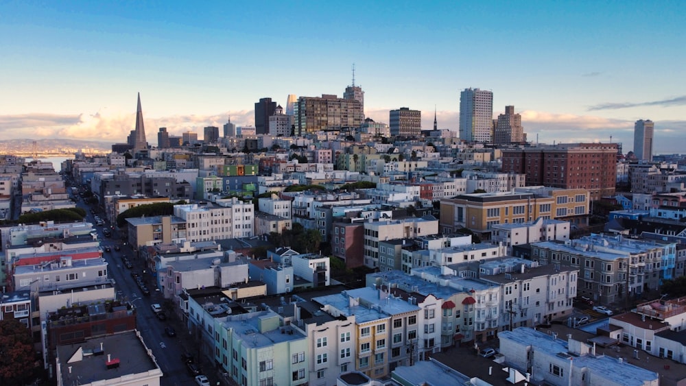 a view of a city with tall buildings