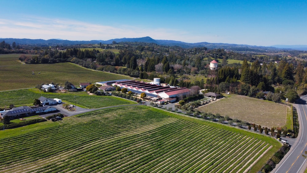 an aerial view of a farm and a road