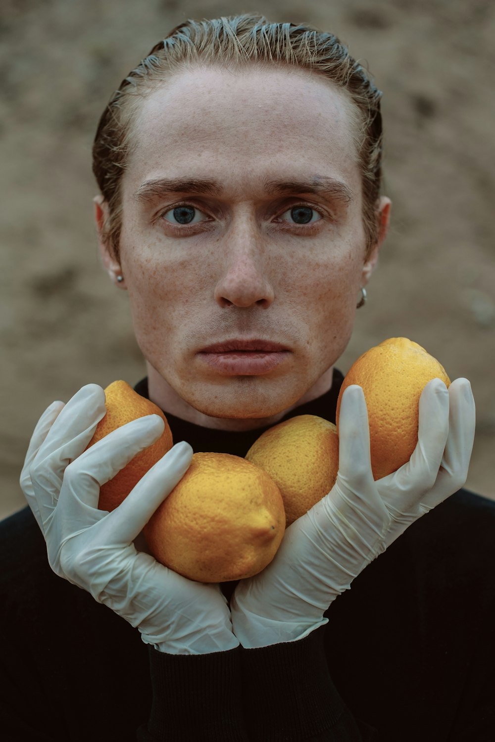 a man holding three oranges in his hands
