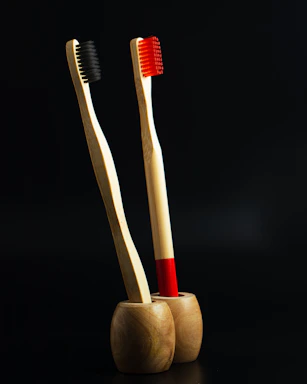 Two bamboo toothbrushes with black and red bristles are placed in wooden holders against a black background.