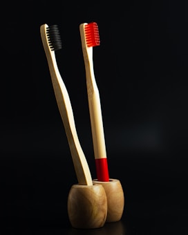 Two bamboo toothbrushes with black and red bristles are placed in wooden holders against a black background.