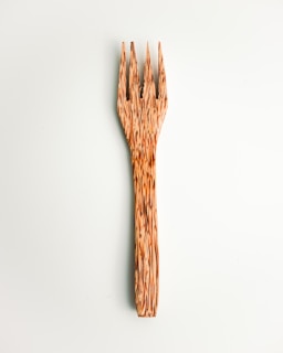 A wooden fork with a unique, textured design featuring elongated, pointed tines. The fork displays natural wood grain patterns that provide a rustic and artistic appearance. It is set against a pale, neutral background.