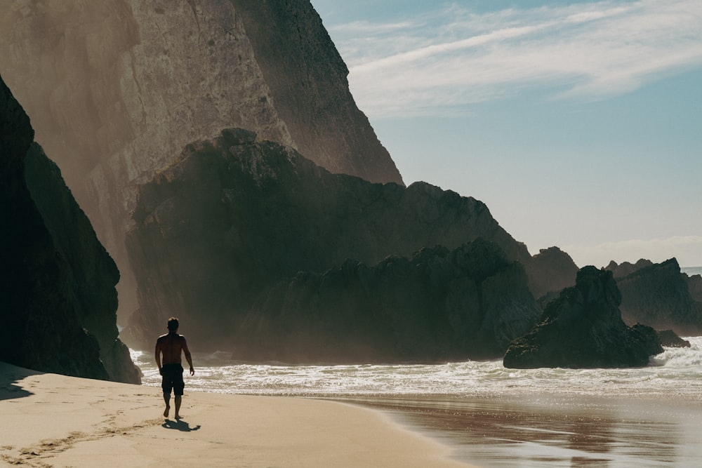 a man walking on a beach next to the ocean