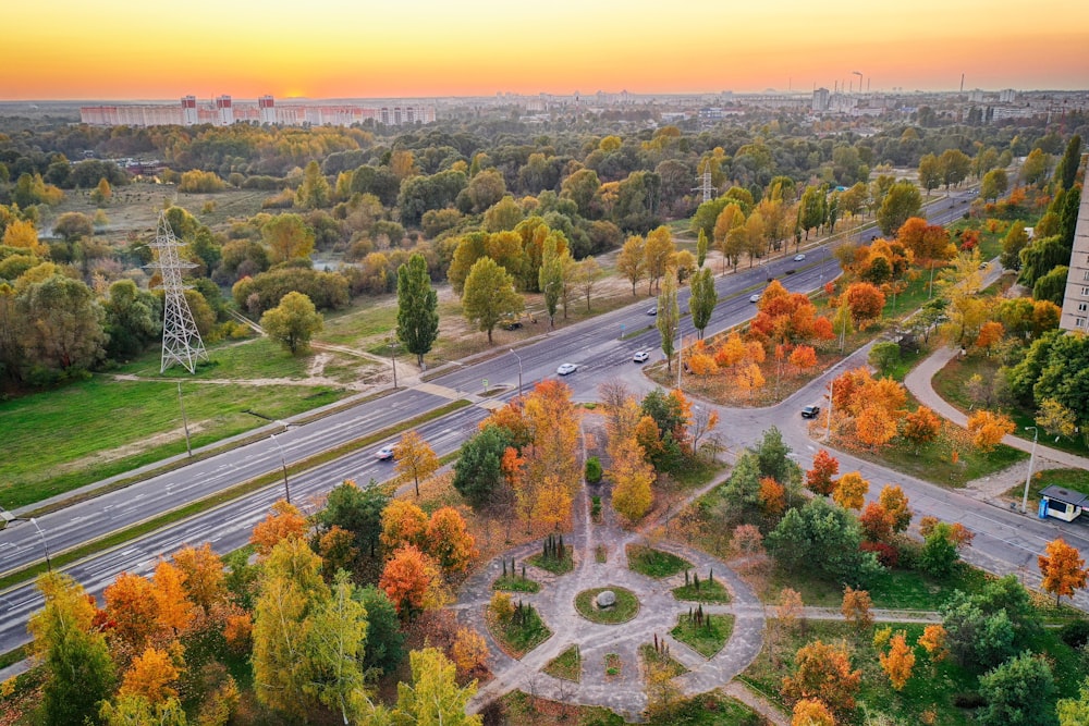 an aerial view of an intersection in a city