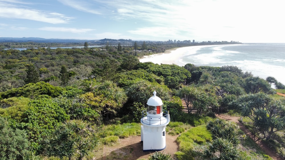 an aerial view of a lighthouse in the middle of a forest