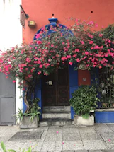 A welcoming seaside house entrance flanked by vibrant blue flowers under a clear sky