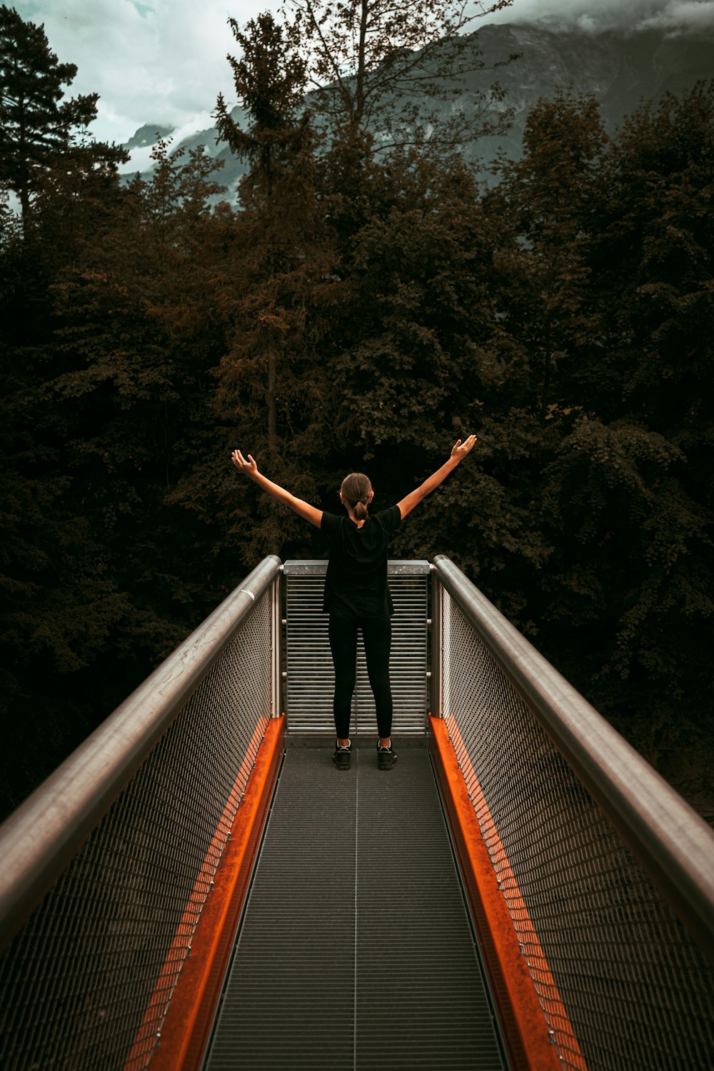 a person standing on a bridge with their arms outstretched