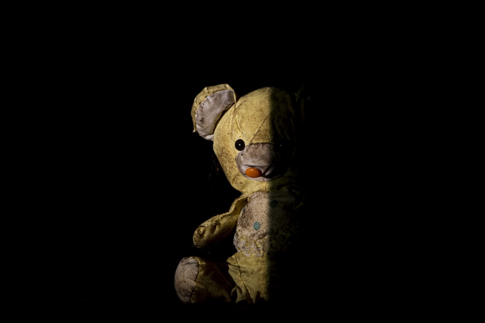 a teddy bear is sitting in the dark