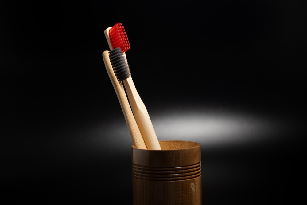 two toothbrushes in a wooden container on a black background