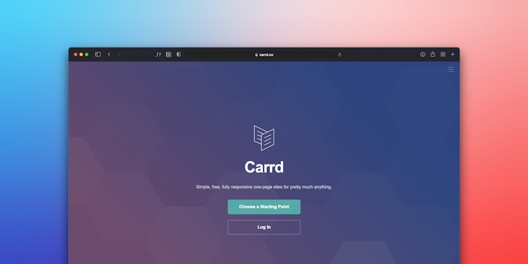 A browser window displaying a website with the title 'Carrd'. The background is a gradient transitioning from blue on the left to pink on the right. The main content includes a logo, the website name, a tagline, and two buttons labeled 'Choose a Starting Point' and 'Log In'. The interface appears clean and modern.
