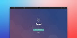 A browser window displaying a website with the title 'Carrd'. The background is a gradient transitioning from blue on the left to pink on the right. The main content includes a logo, the website name, a tagline, and two buttons labeled 'Choose a Starting Point' and 'Log In'. The interface appears clean and modern.