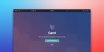 A browser window displaying a website with the title 'Carrd'. The background is a gradient transitioning from blue on the left to pink on the right. The main content includes a logo, the website name, a tagline, and two buttons labeled 'Choose a Starting Point' and 'Log In'. The interface appears clean and modern.