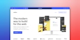 A web browser window displays a landing page for Webflow, featuring a tagline about building web content visually without coding. The background transitions from blue to pink, with various web design interfaces and tools depicted. Logos for partner companies are aligned at the bottom.