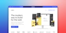 A web browser window displays a landing page for Webflow, featuring a tagline about building web content visually without coding. The background transitions from blue to pink, with various web design interfaces and tools depicted. Logos for partner companies are aligned at the bottom.