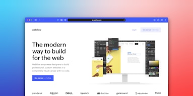 A web browser window displays a landing page for Webflow, featuring a tagline about building web content visually without coding. The background transitions from blue to pink, with various web design interfaces and tools depicted. Logos for partner companies are aligned at the bottom.