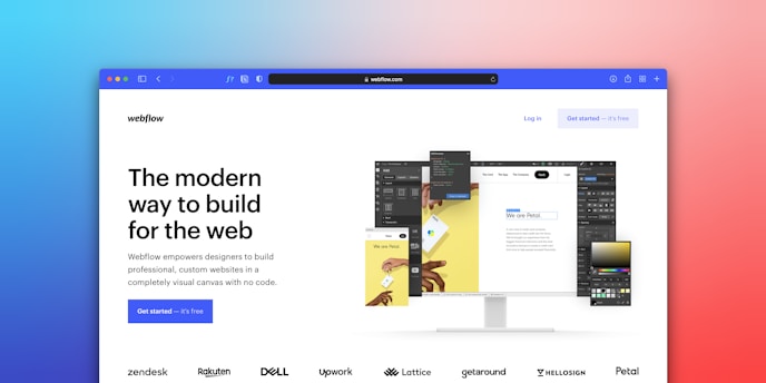 A web browser window displays a landing page for Webflow, featuring a tagline about building web content visually without coding. The background transitions from blue to pink, with various web design interfaces and tools depicted. Logos for partner companies are aligned at the bottom.