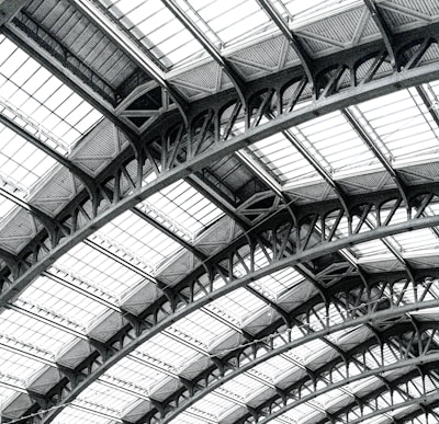 Intricate architectural structure featuring a series of curved metal and glass panels that form a dome-like pattern. The design showcases engineering complexity with symmetrical and repetitive elements creating a visually captivating ceiling.