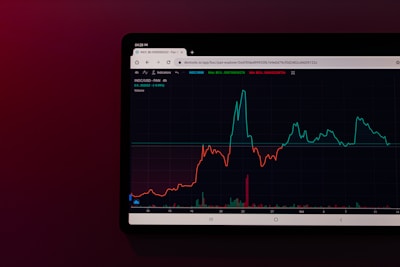 A tablet screen displaying a financial chart with two lines, one red and one cyan, representing data trends over time. The background is dark with text showing figures at the top, including maximum, minimum values, and a percentage.