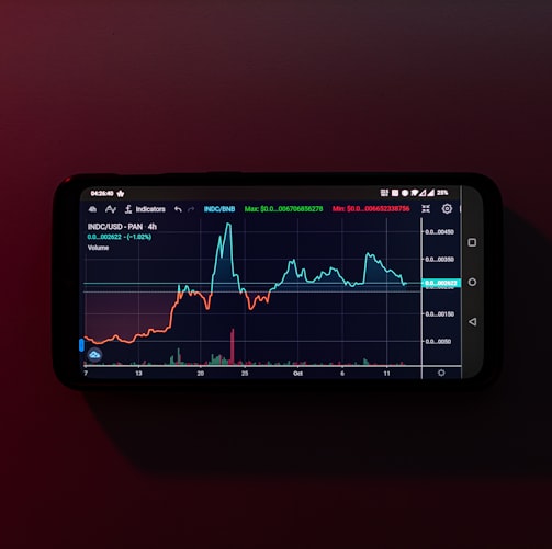 a cell phone displaying a stock chart on a red background