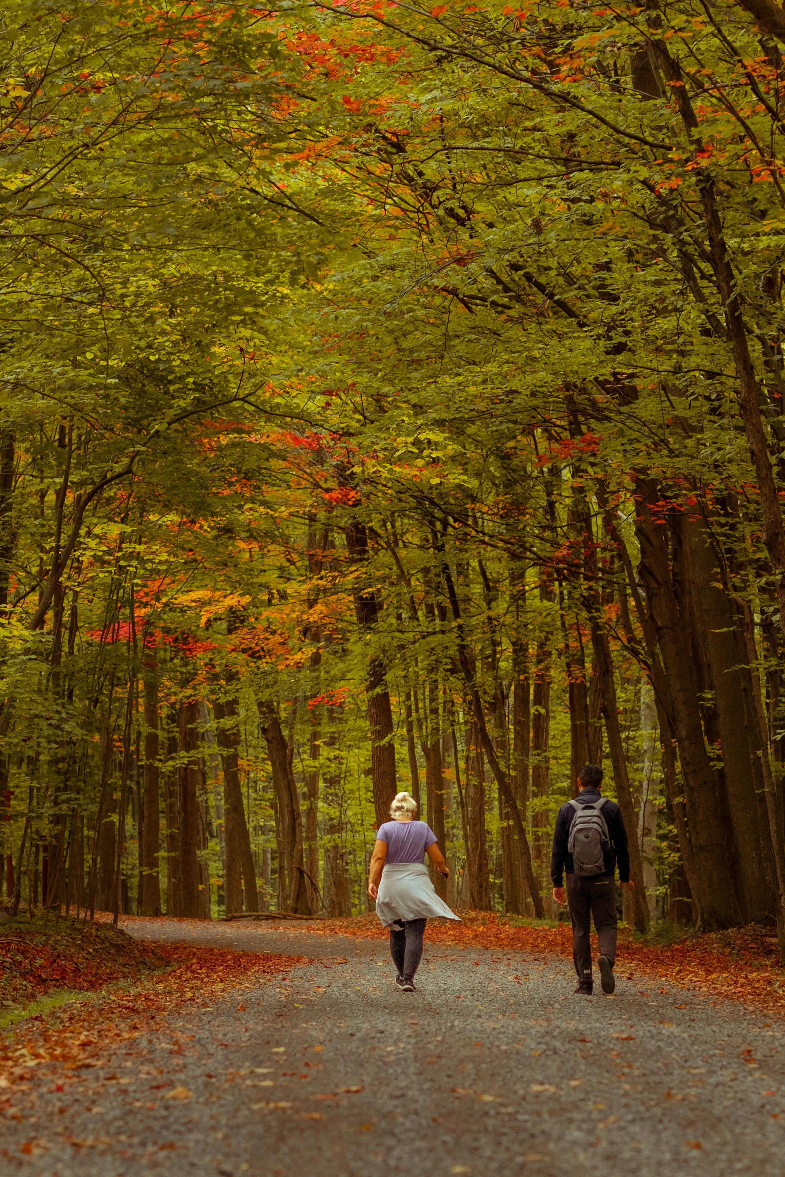 a couple of people walking down a dirt road