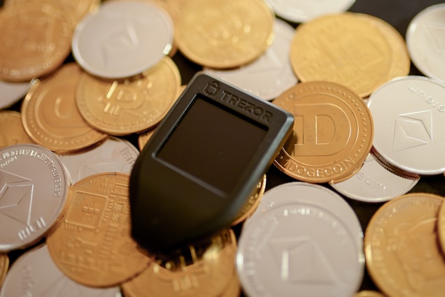 A mix of various cryptocurrency coins including Bitcoin and Dogecoin piled together. In the center lies a black Trezor hardware wallet, used for storing cryptocurrencies securely.