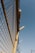 A metal fence with yellow framing and a mesh design stretches upward against a clear blue sky. There are some metal beams protruding from the top of the fence at angles.