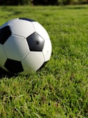 Close-up of a sleek soccer ball resting on green grass under sunlight.