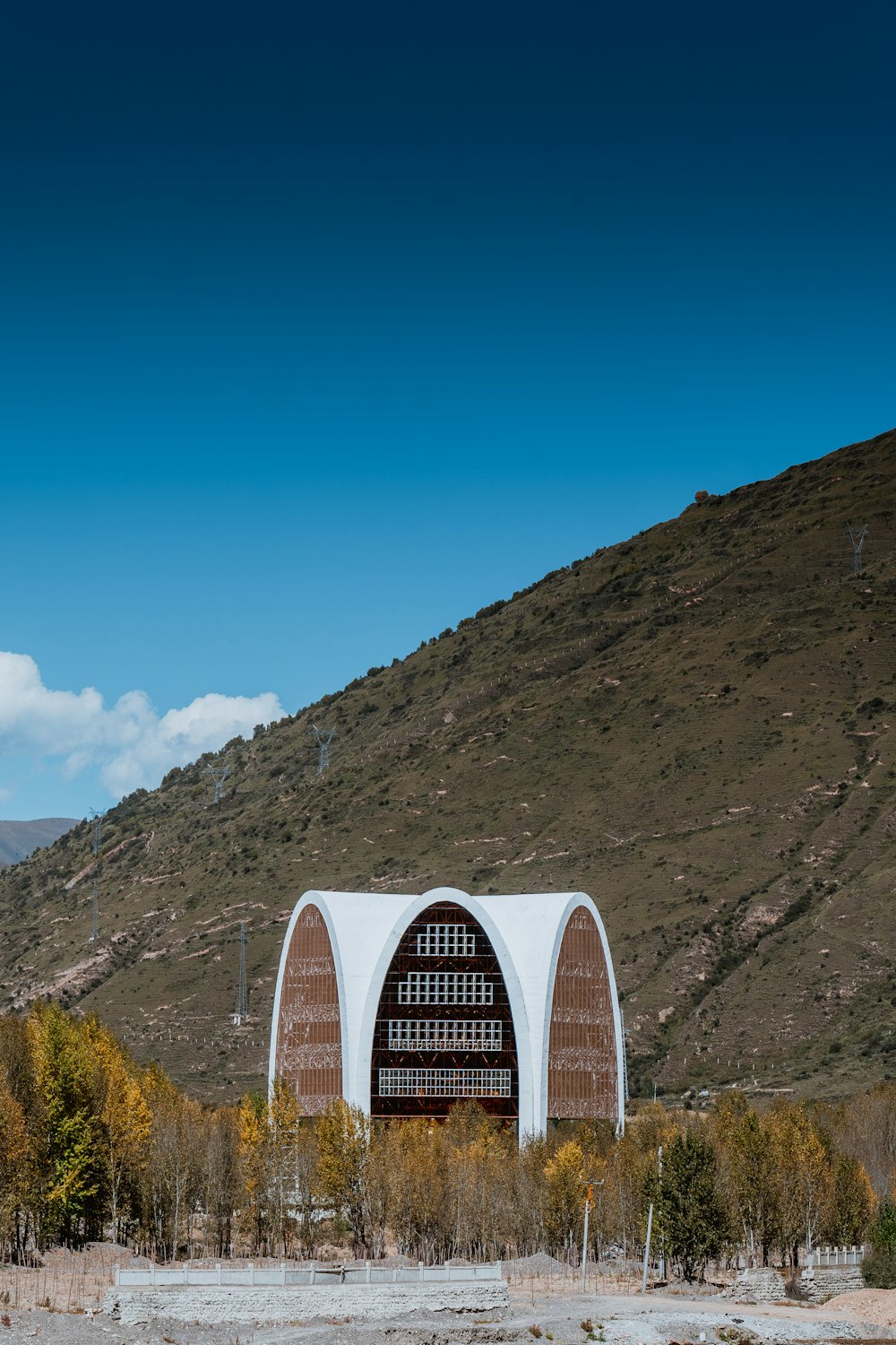 a white and brown building with a mountain in the background