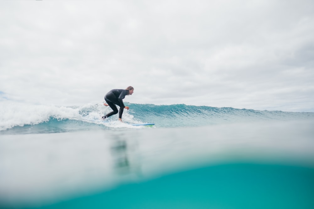 a man riding a wave on top of a surfboard