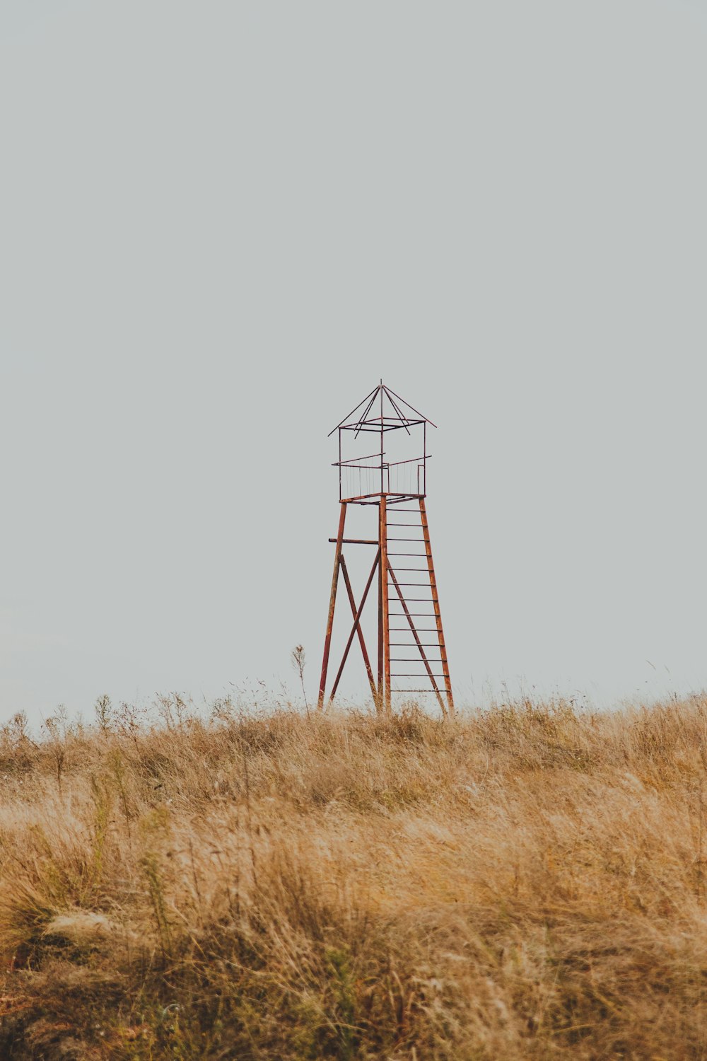 a tall tower sitting on top of a dry grass field