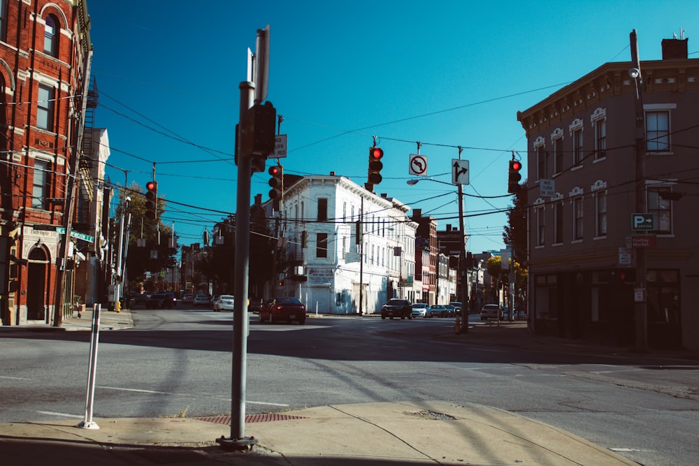 a city street with traffic lights and buildings