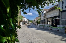 A quaint cobblestone street lined with charming buildings and leafy greenery overhead. Cafes and shops with outdoor seating create a welcoming atmosphere. The blue sky with scattered clouds adds a serene backdrop to the lively scene.