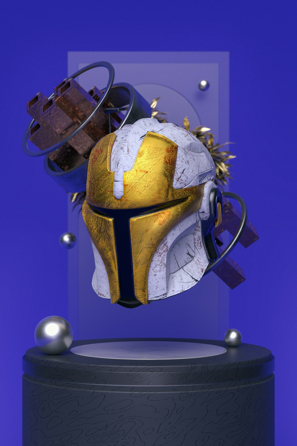 a helmet with a gold and black design on it