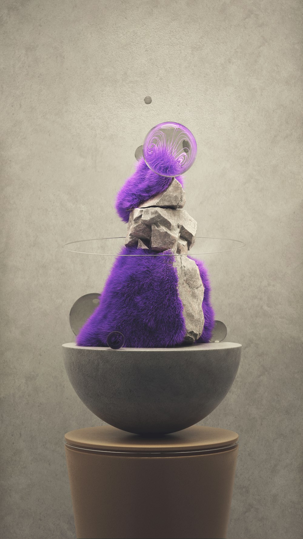 a purple stuffed animal sitting in a bowl