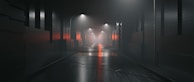 A dimly lit, foggy urban alley with street lamps casting light on wet pavement. The walls are textured with a modern industrial look, featuring vertical panels and subtle orange reflections.