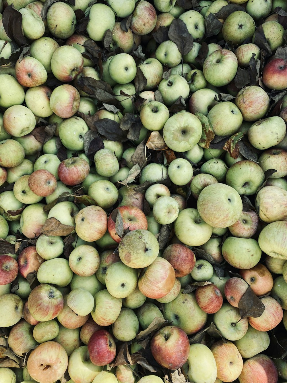 a large pile of green and red apples