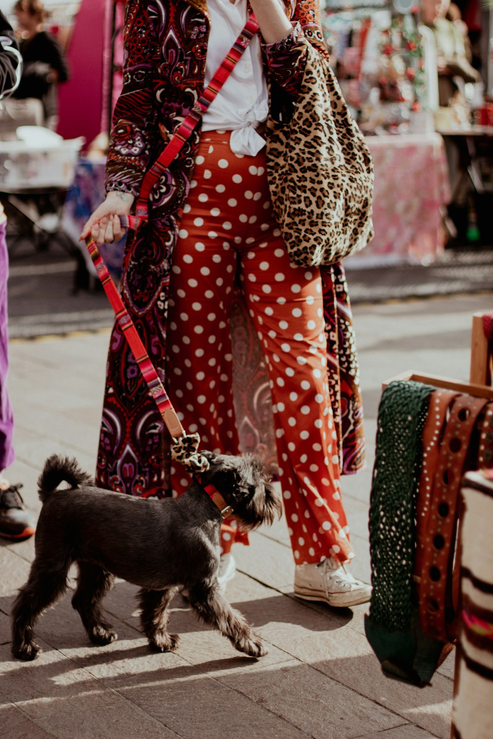 a woman walking a dog while talking on a cell phone