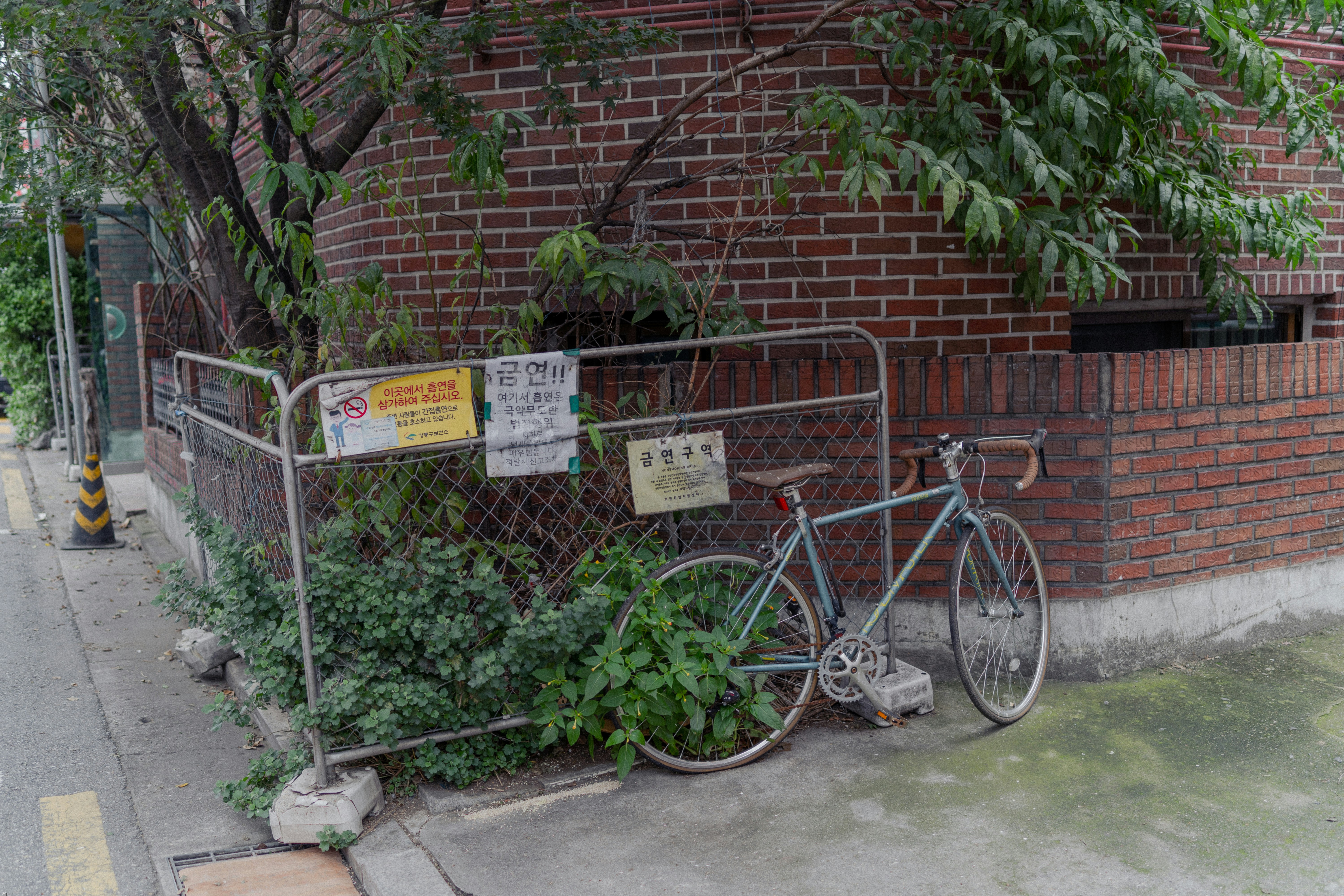 A bike leaning against a fence next to a building