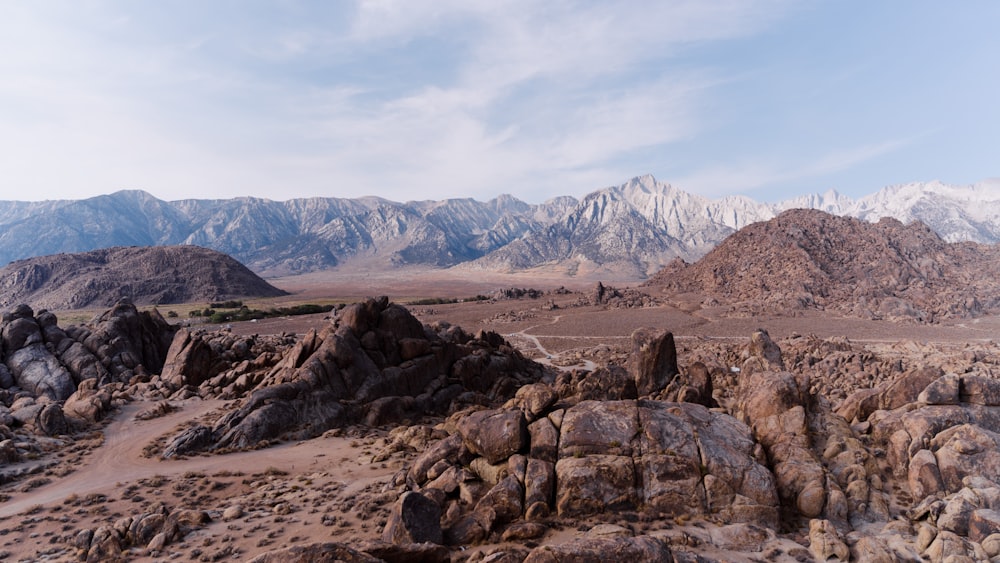 a rocky landscape with mountains in the background