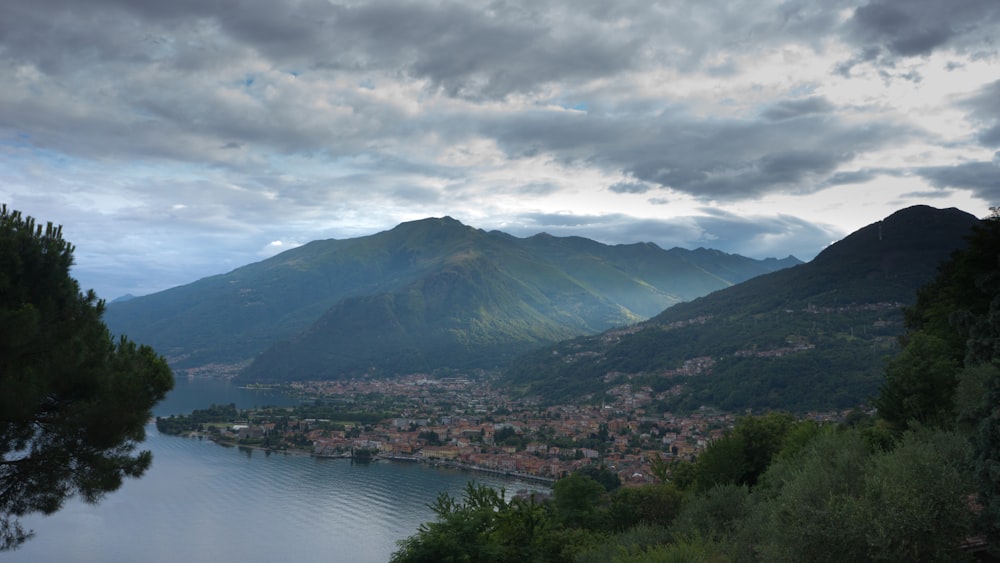 a lake surrounded by mountains under a cloudy sky